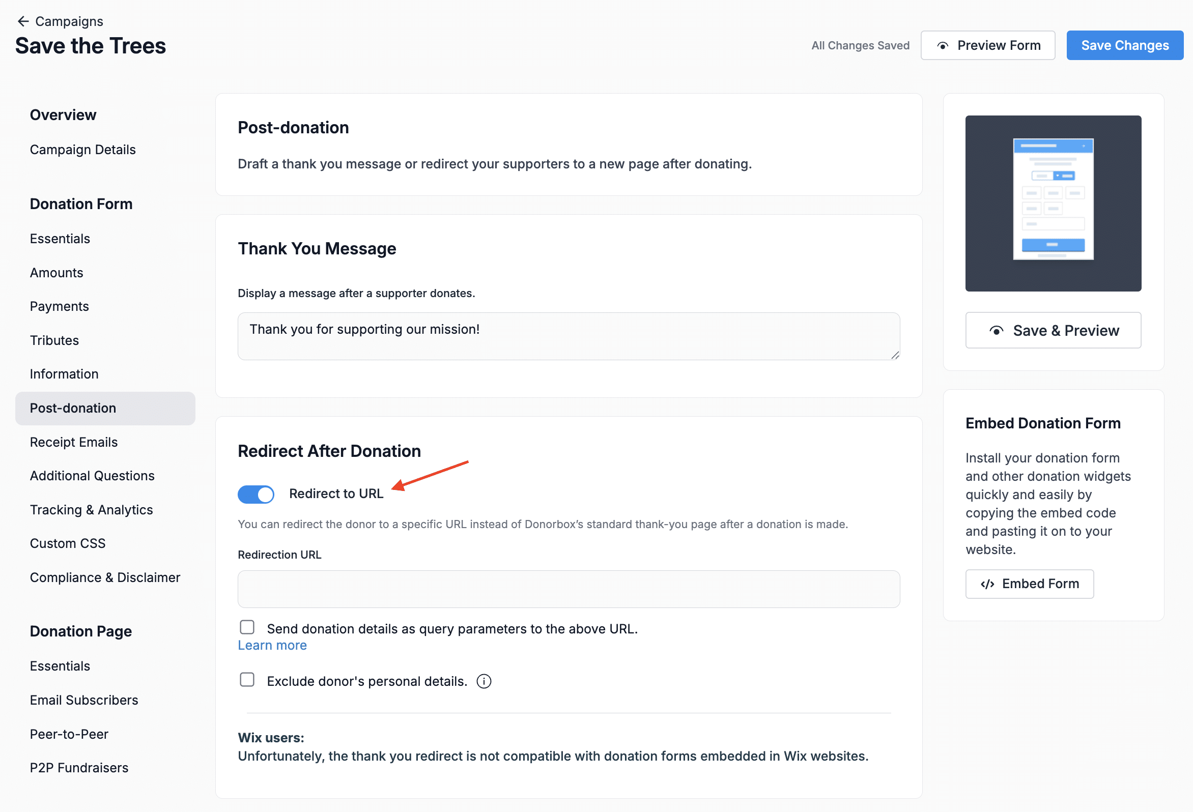 Screenshot showing where to enable URL redirection with Donorbox Tracking & Analytics