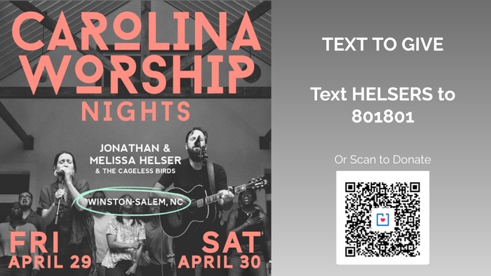 Example of a benefit concert idea. Carolina Worship Nights' postcard featuring text-to-give details and a scannable QR code through Donorbox.