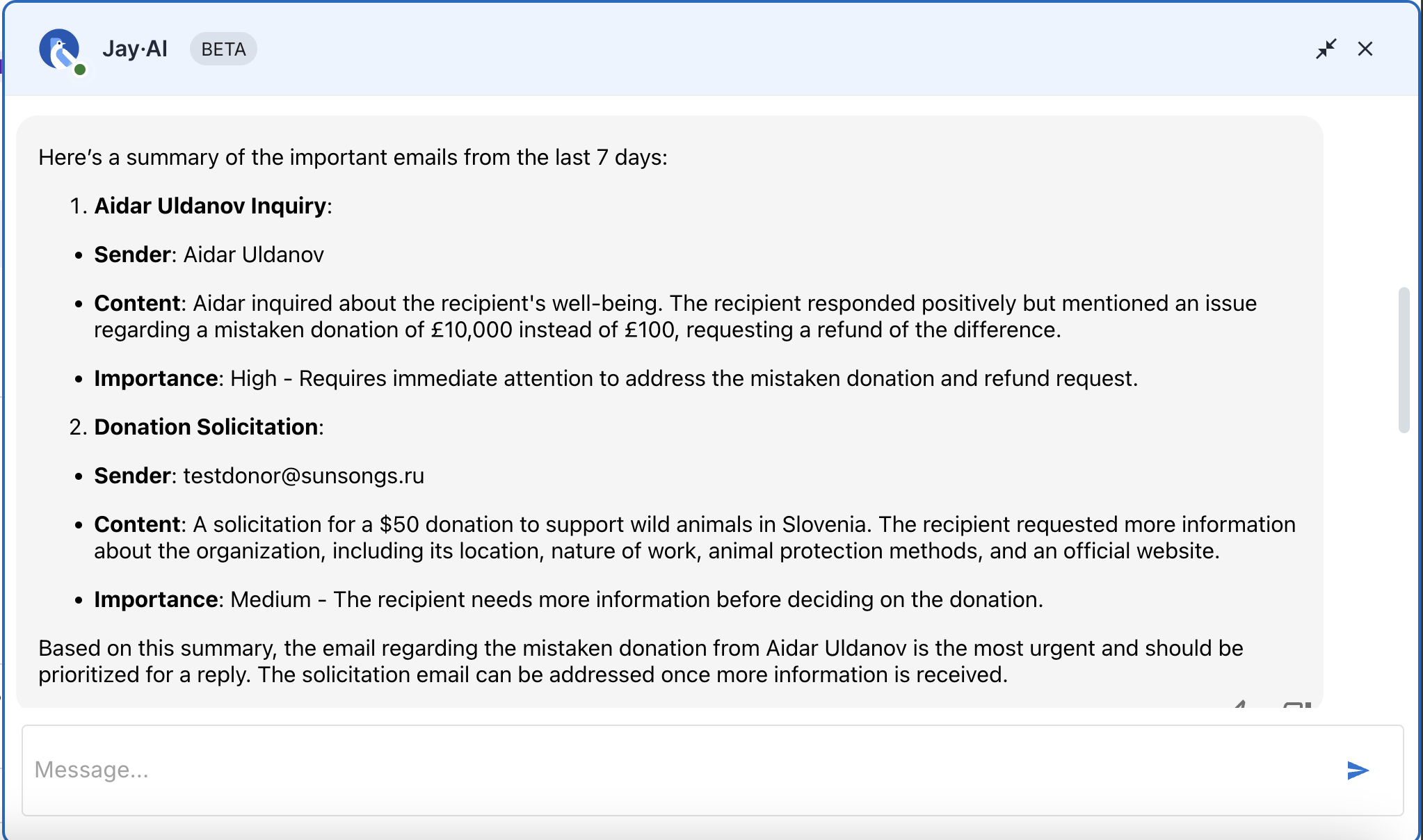 Screenshot shows how the email summarization feature works. 