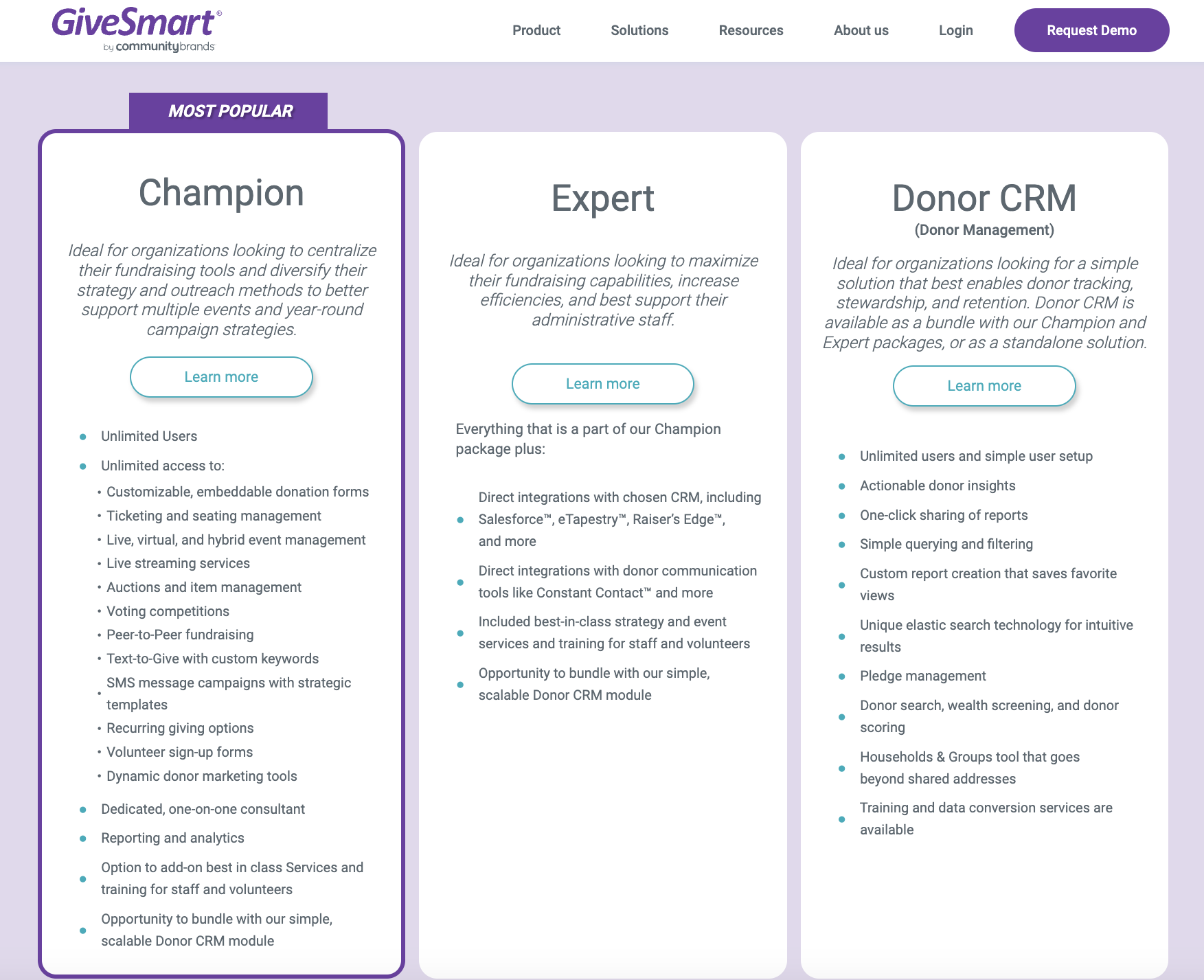 Screenshot of GiveSmart's pricing page. 