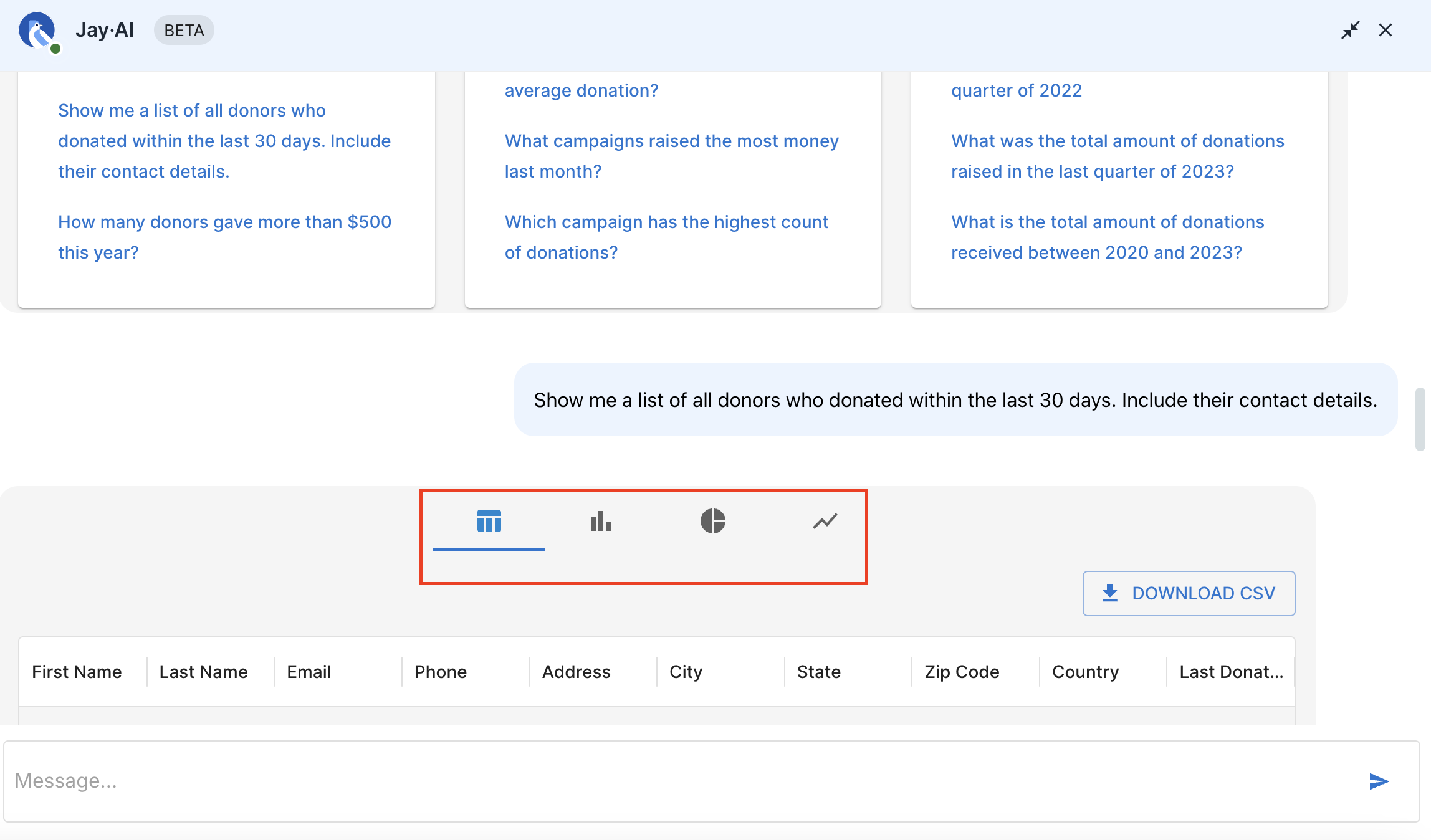 Screenshot shows how to turn your Jay AI results into graphs and charts. 