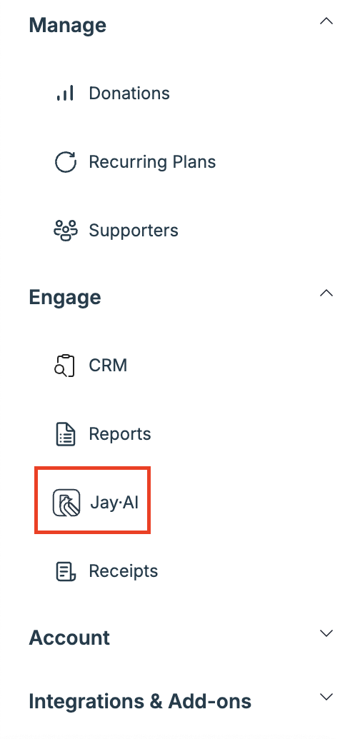 Screenshot showing where to access Jay on your Donorbox menu. 