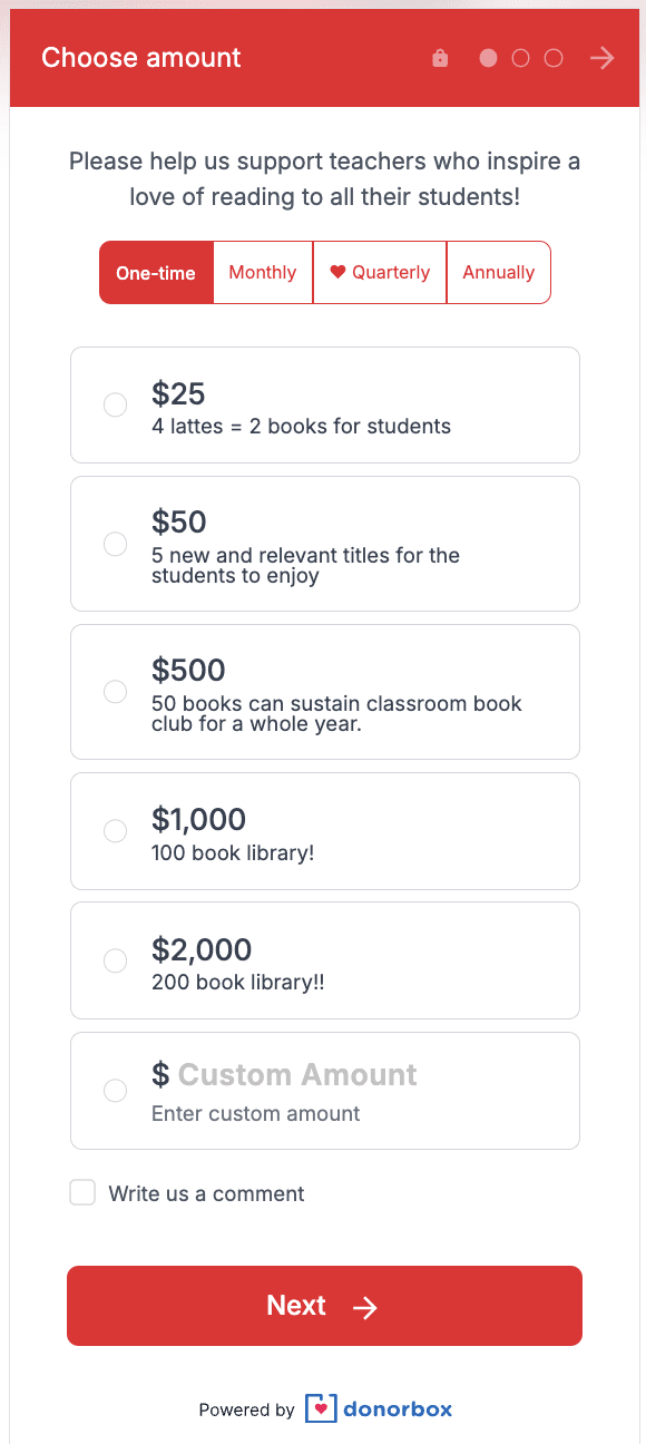 Screenshot of an organization's Donorbox recurring donation form