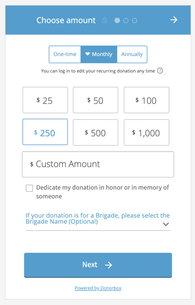 Screenshot of a Donorbox donation form showing recurring donation options.