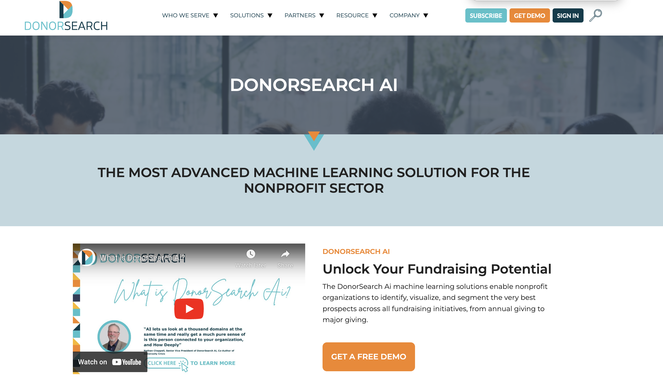 Screenshot of DonorSearch Ai's homepage. 