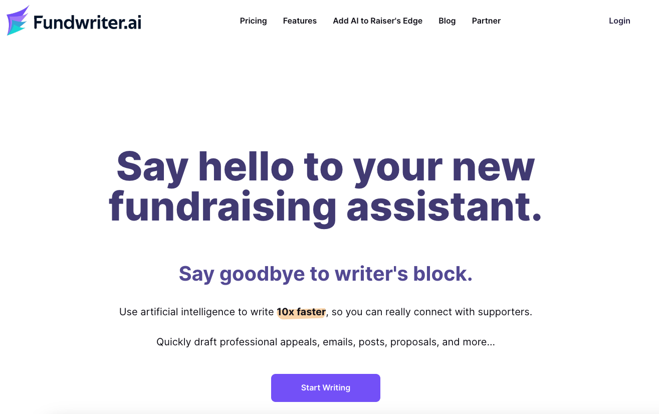 Screenshot of the Fundwriter AI homepage. 