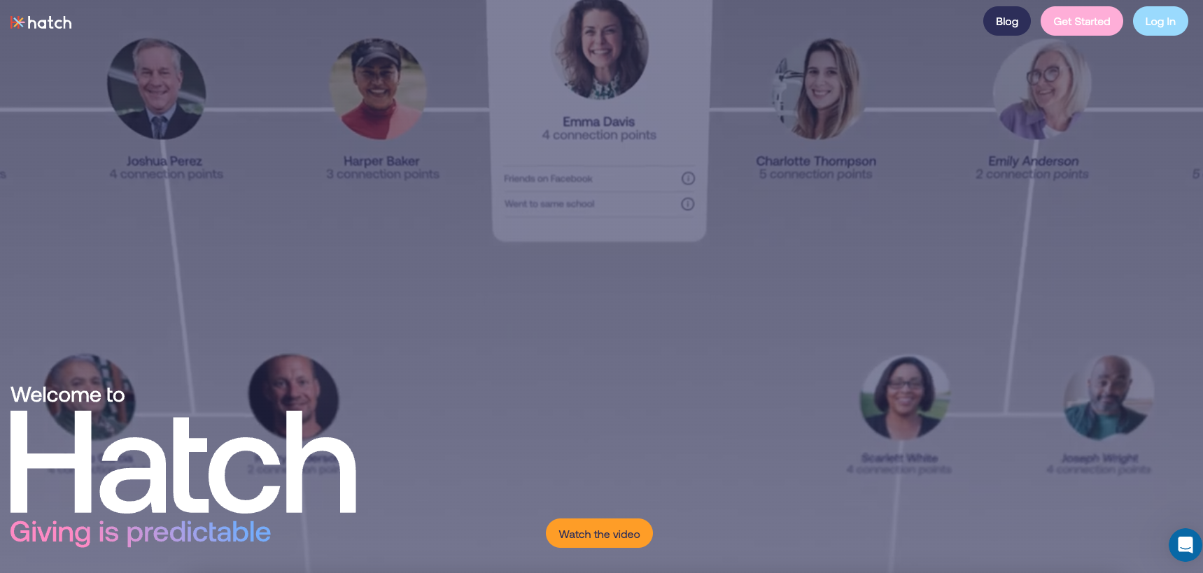 Screenshot showing the Hatch AI-powered fundraising platform homepage.