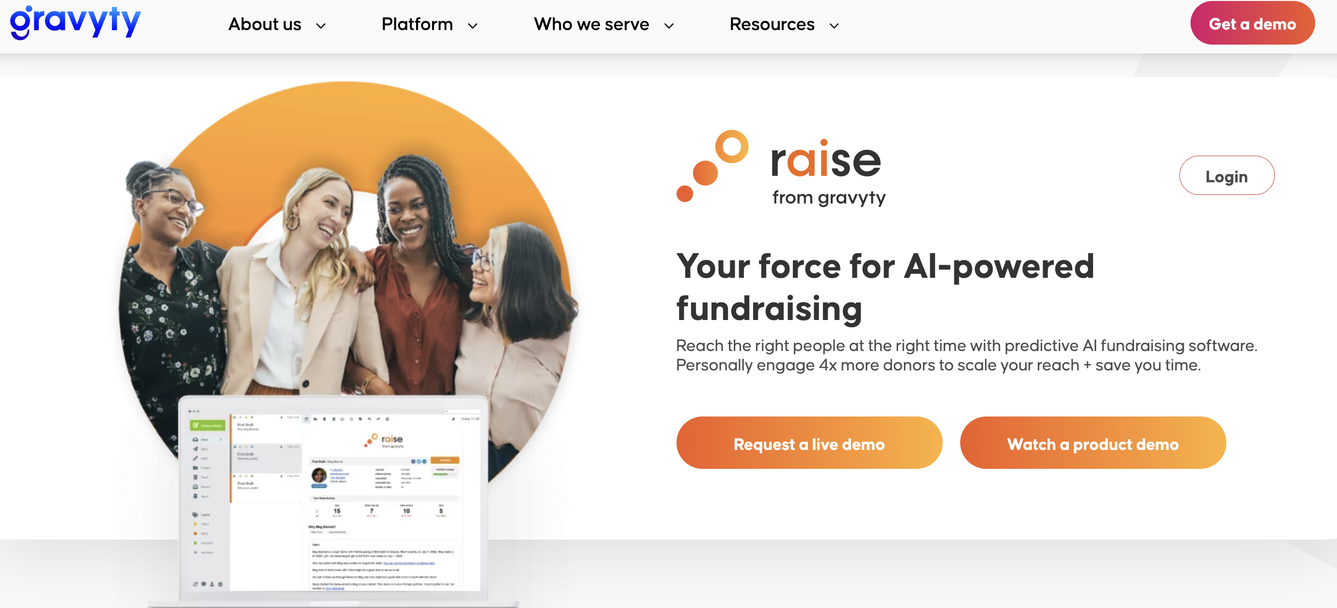 Screenshot of the Raise by Gravyty homepage. 