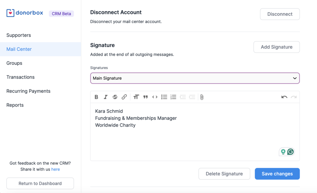 Screenshot showing how to add a signature in the Settings of Donorbox CRM Mail Center