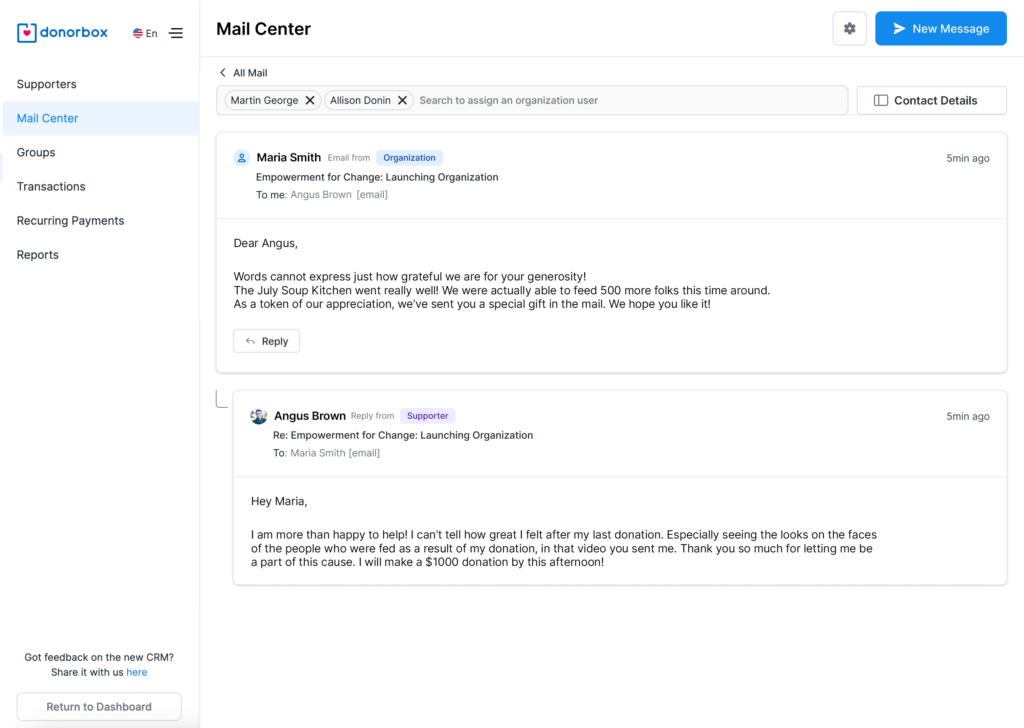 Screenshot showing a message thread in the Donorbox CRM Mail Center