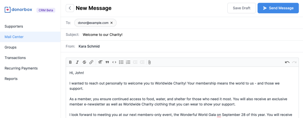 Screenshot showing what it looks like to create a new message in the Donorbox CRM Mail Center