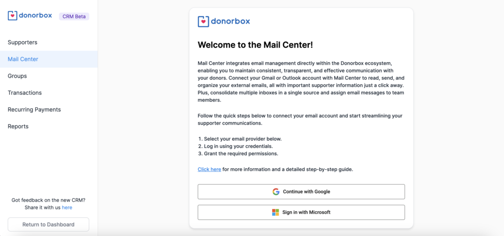 Screenshot showing the welcome screen that appears the first time signing in to Donorbox CRM's Mail Center.