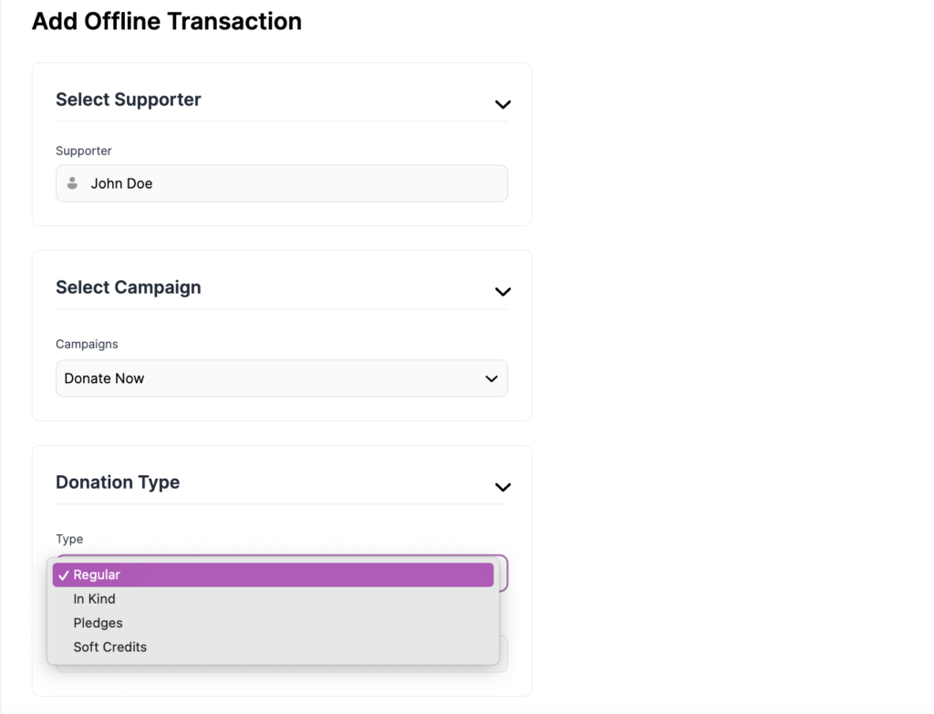 Screenshot showing how to add an offline transaction to Donorbox CRM
