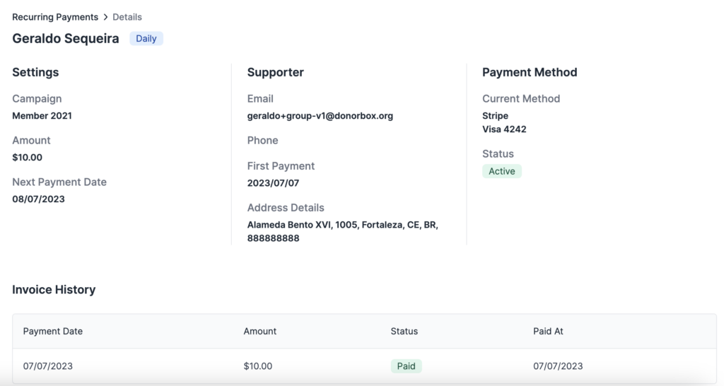 Screenshot showing the details of a recurring payment in the Donorbox CRM