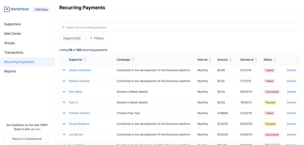 Screenshot showing the Recurring Payments section of Donorbox CRM