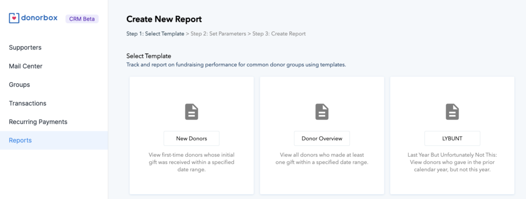 Screenshots showing the Reports feature in Donorbox CRM