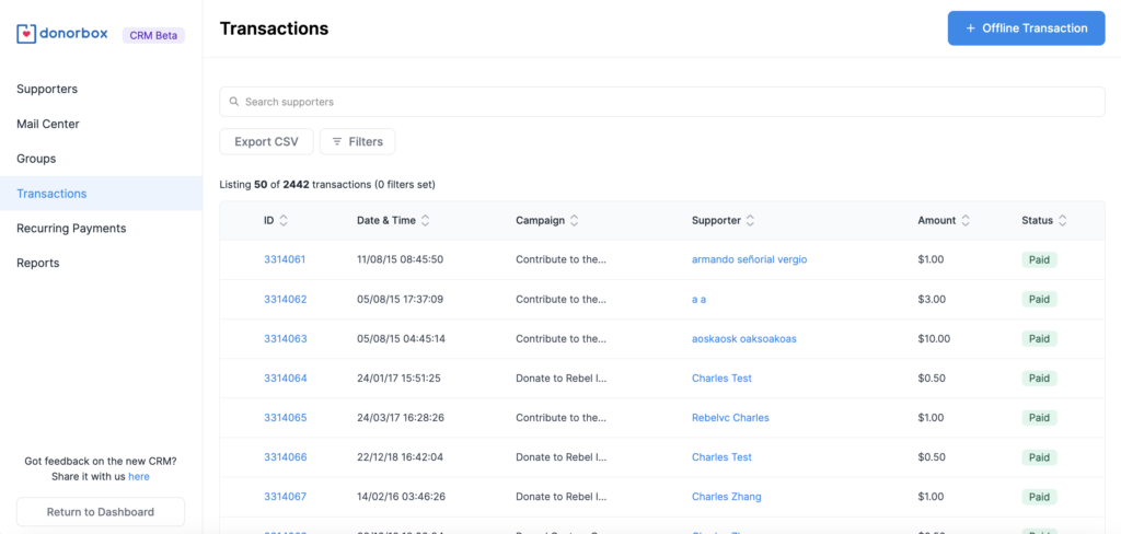 Screenshot showing the Donorbox CRM Transactions page