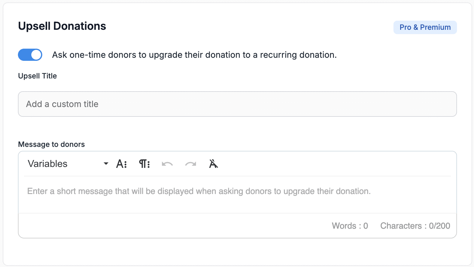 Screenshot showing the Recurring Upsell feature within the Donorbox campaign editor