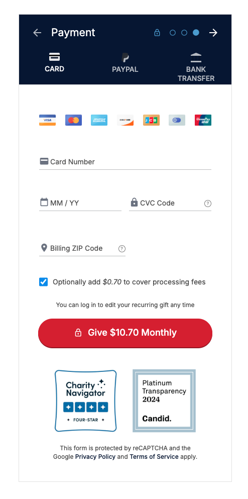 Screenshot showing the option to cover fees on a Donorbox donation form. 