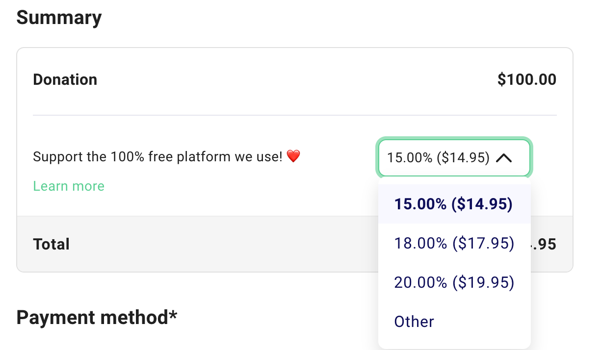 Screenshot shows Zeffy's optional tipping structure. 