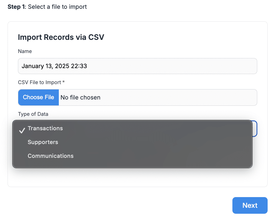 Screenshot showing how to select "Transactions" from the import dropdown.