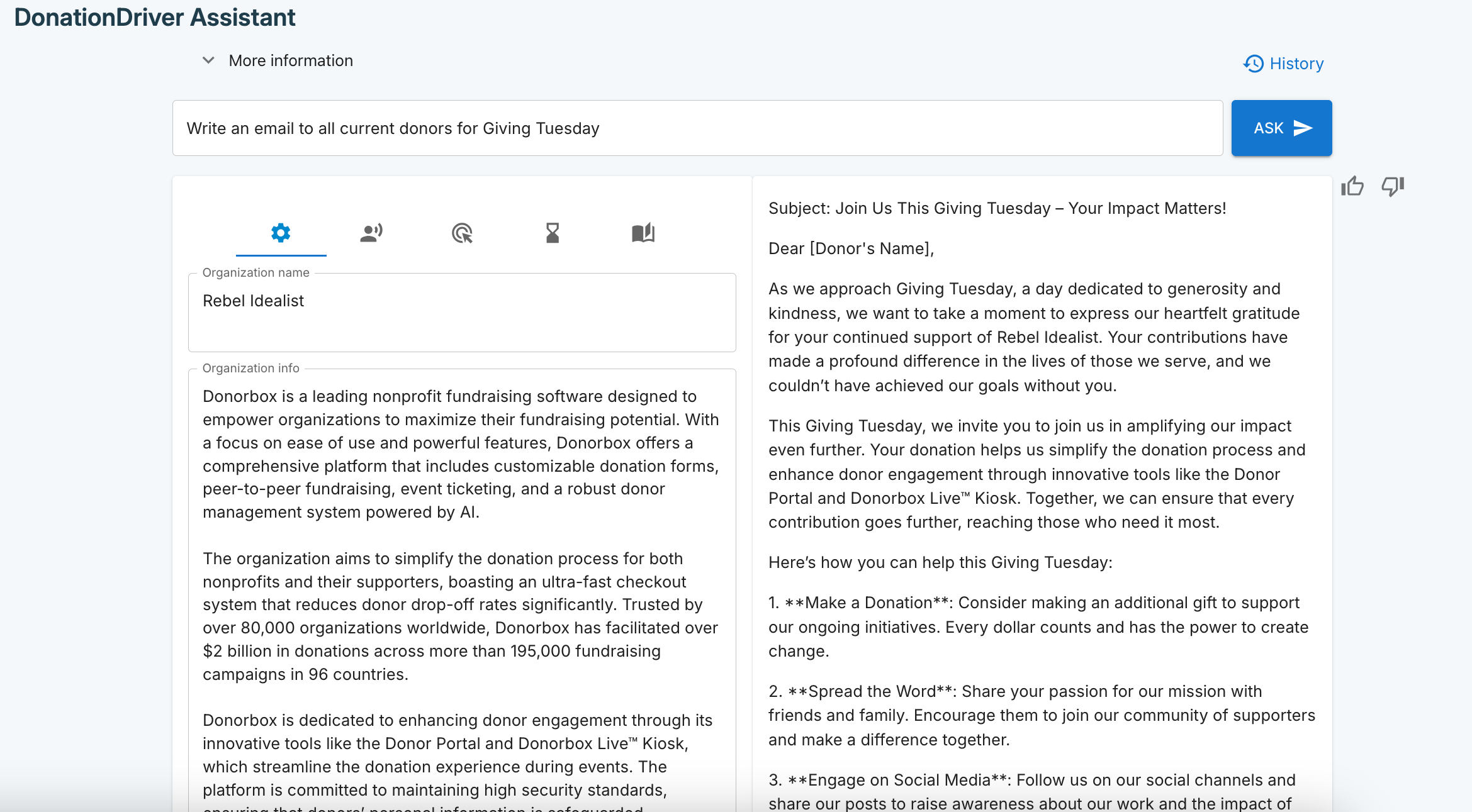 Screenshot shows Donorbox's DonationDriver AI tool. 