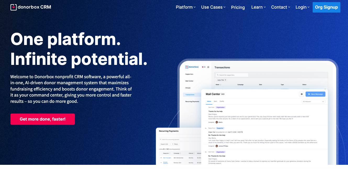 Screenshot of the Donorbox CRM landing page. 