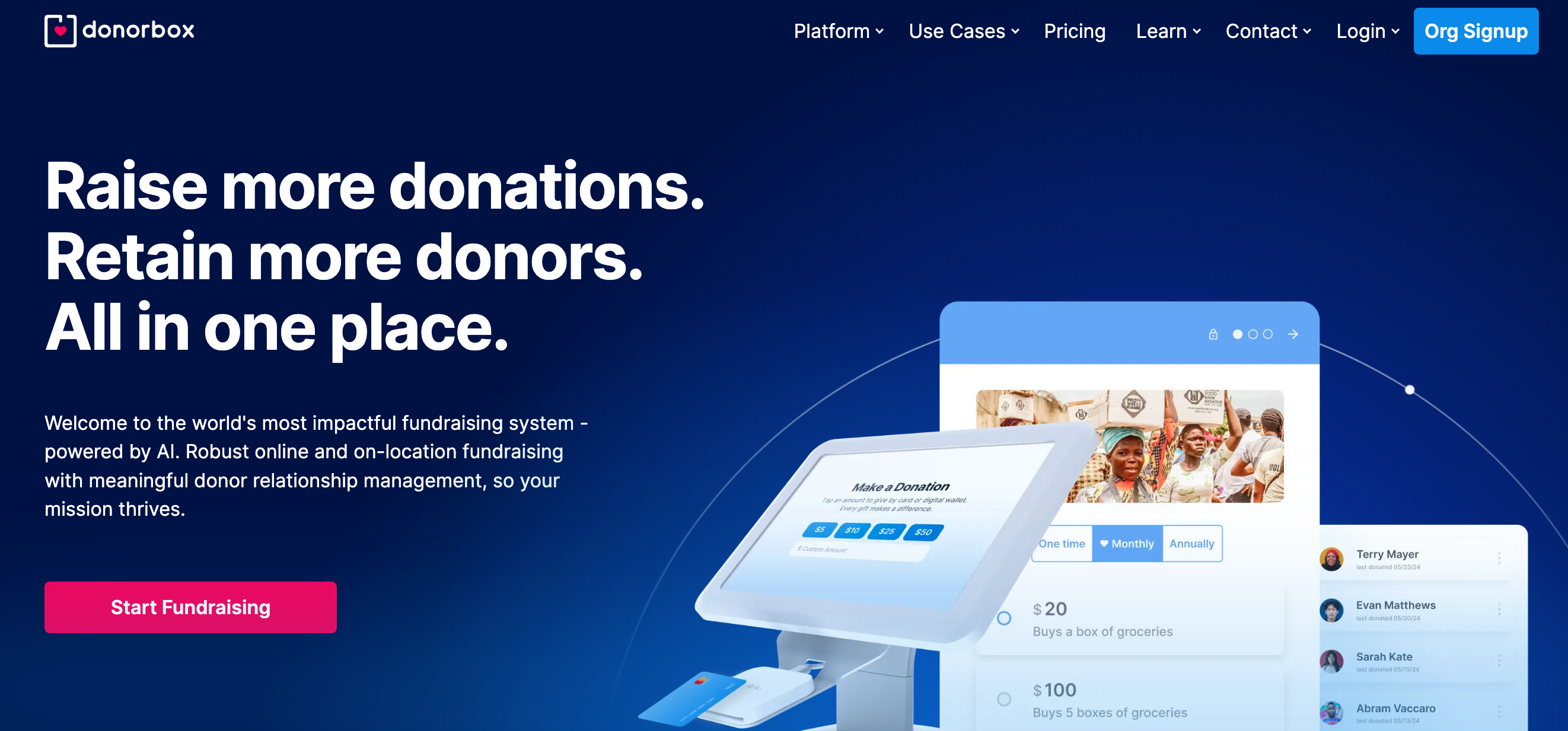 Screenshot of Donorbox's home page. 