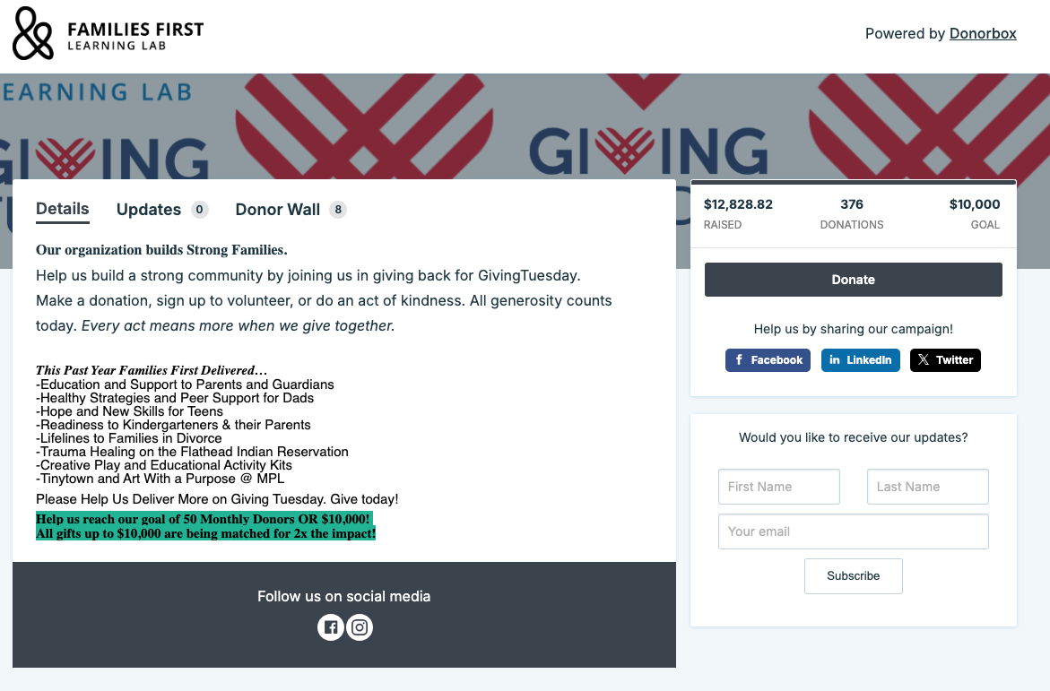 Screenshot of an organization's Donorbox Crowdfunding page for Giving Tuesday. 