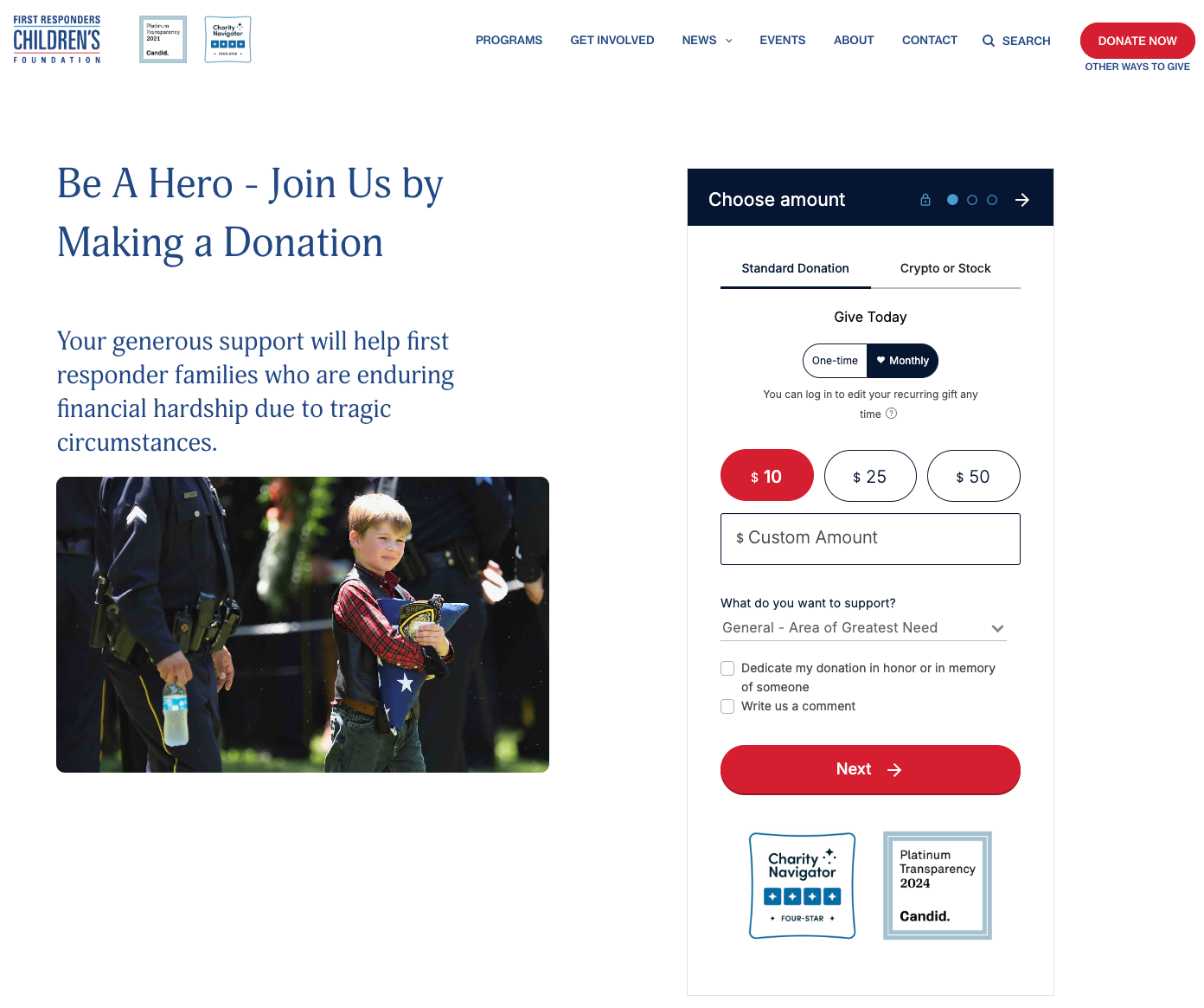 Screenshot of the First Responders Children's Foundation's donation page.