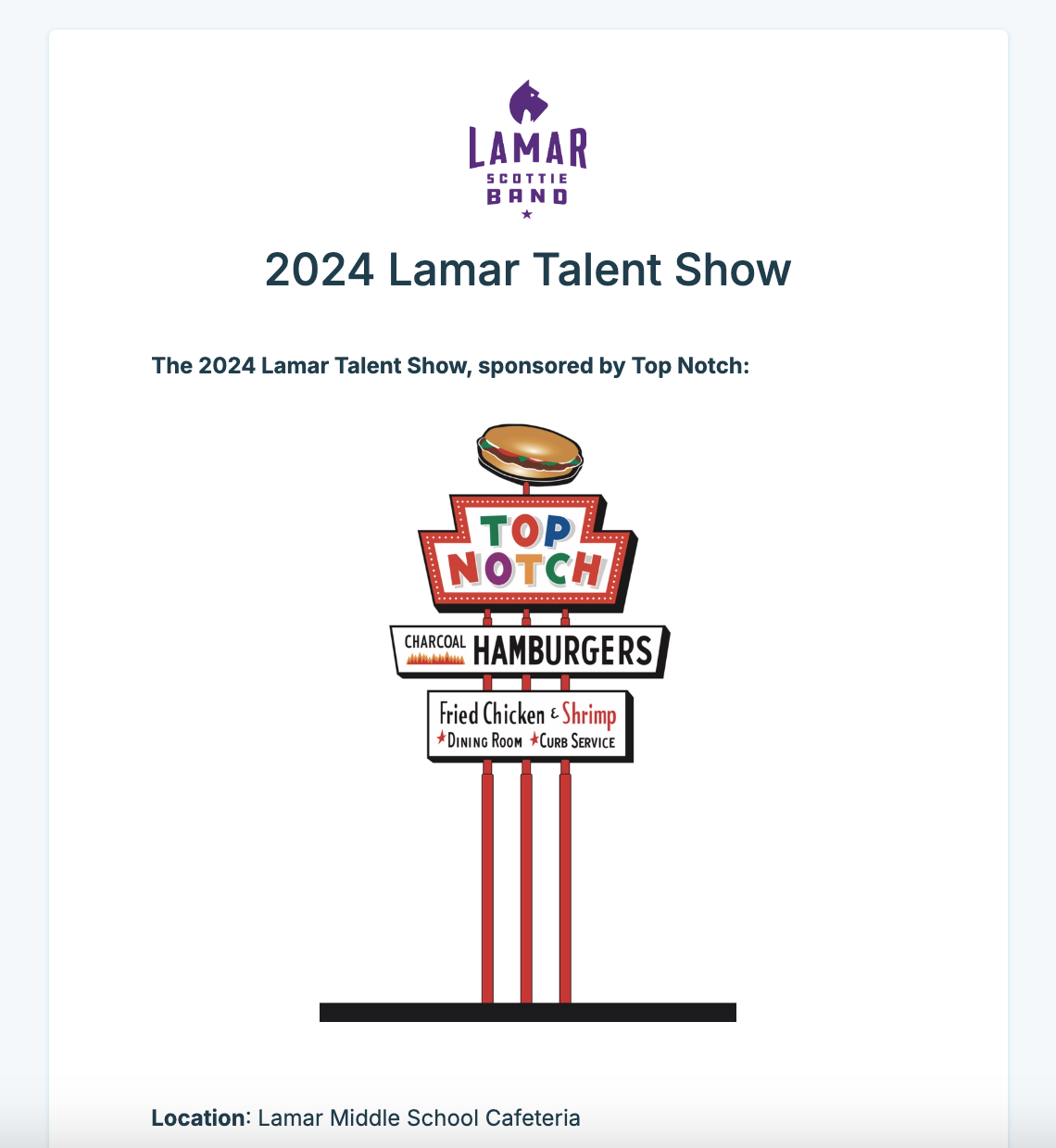 Screenshot of a Donorbox Events page for a school talent show. 