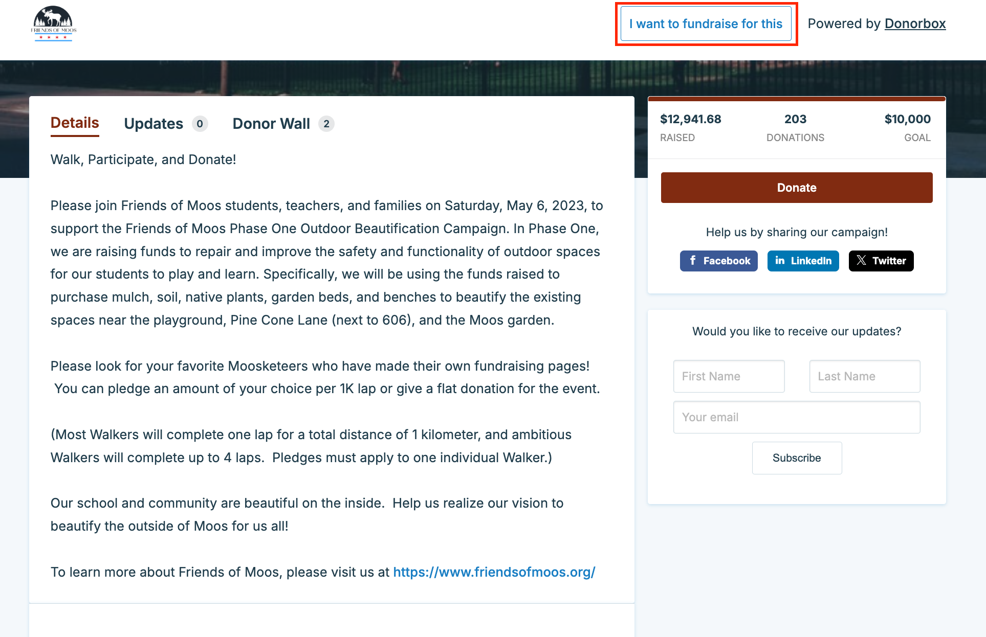 Screenshot of an elementary school's Donorbox fundraising page. 