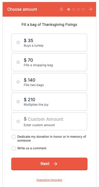 Screenshot shows an organization's Thanksgiving Donation Box form on Donorbox. 