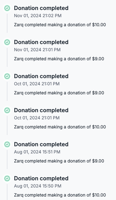 Screenshot showing the Supporter Timeline feature on Donorbox CRM. 