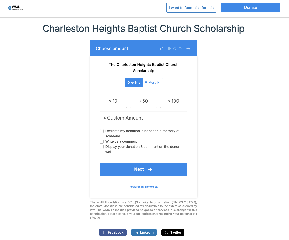 Screenshot of a church's donation form. 