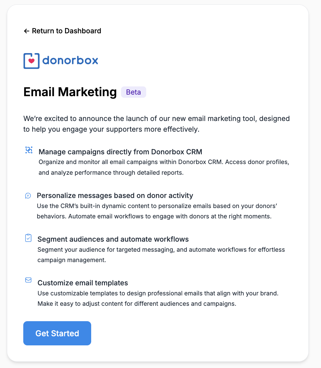 Screenshot shows the Email Marketing Beta onboarding page on Donorbox CRM. 