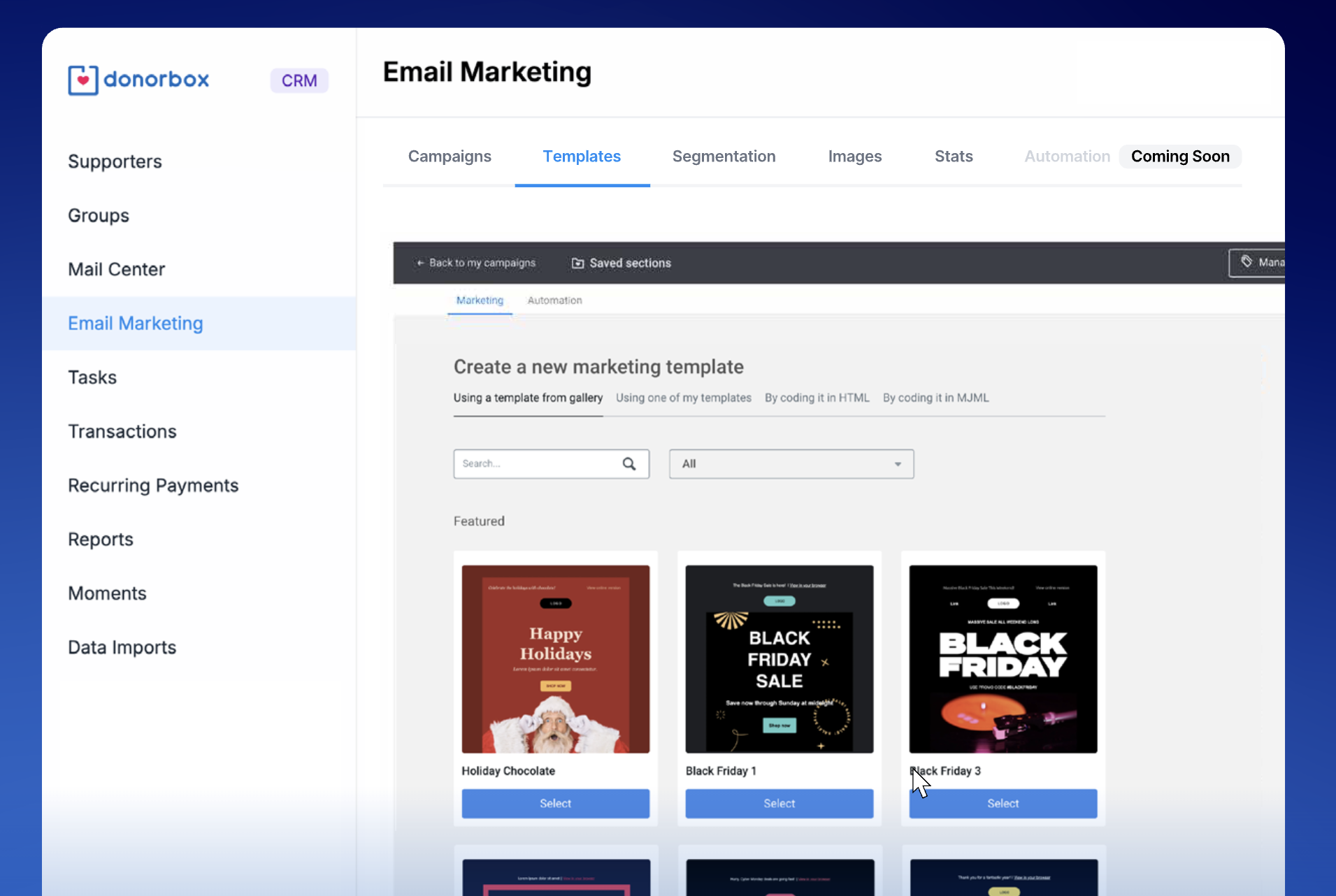 Screenshot showing the template designer in Donorbox Email Marketing.