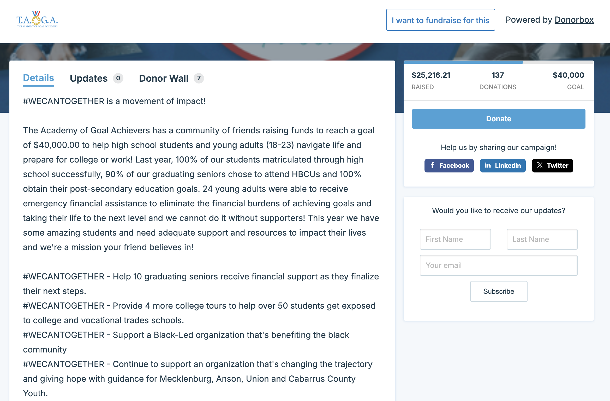 Screenshot of a school's peer-to-peer fundraising campaign. 