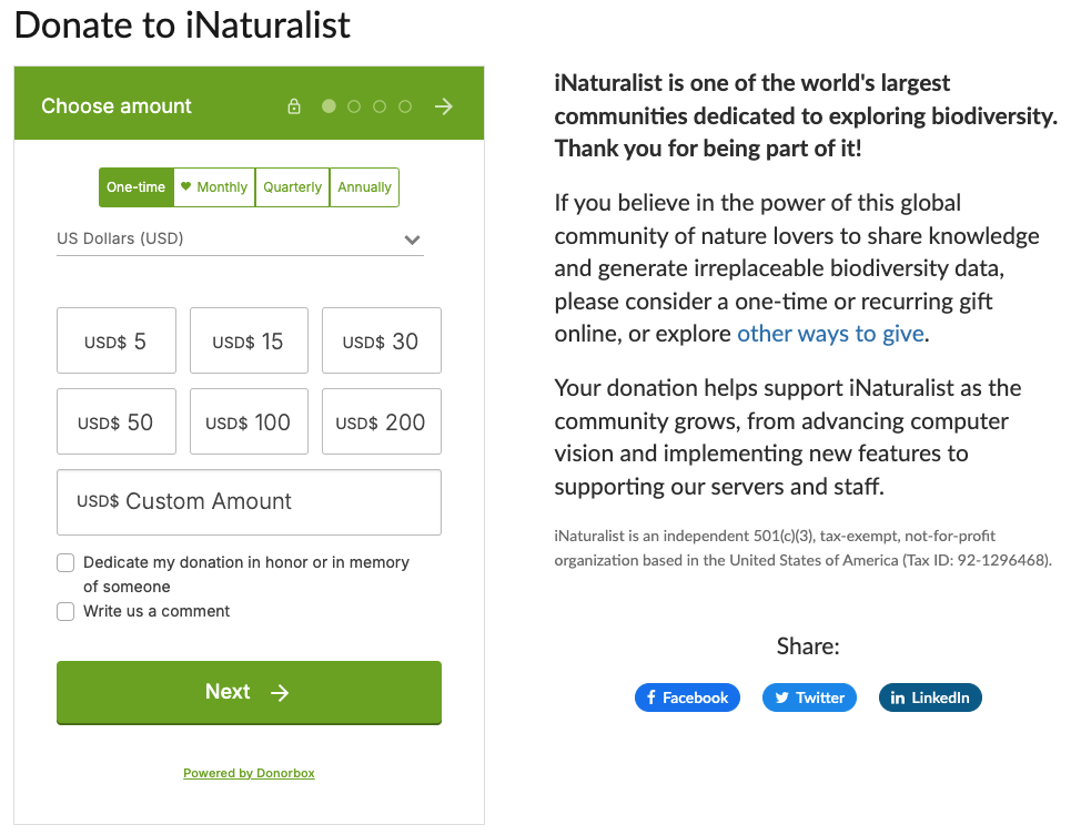 Screenshot of iNaturalist's donation form. 