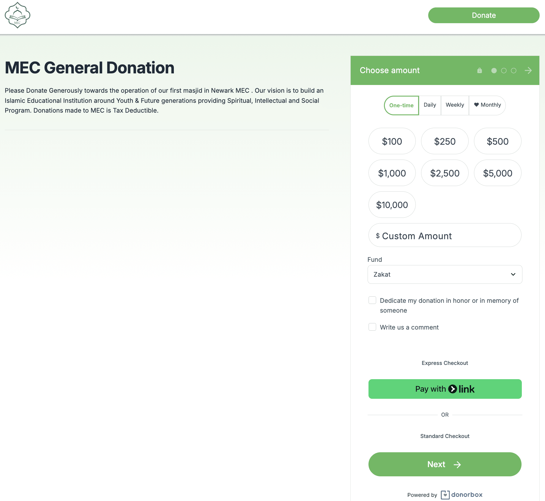 Screenshot of trustworthy Muslim charity, Al Medina Educational Center's donation form that accepts zakat donations