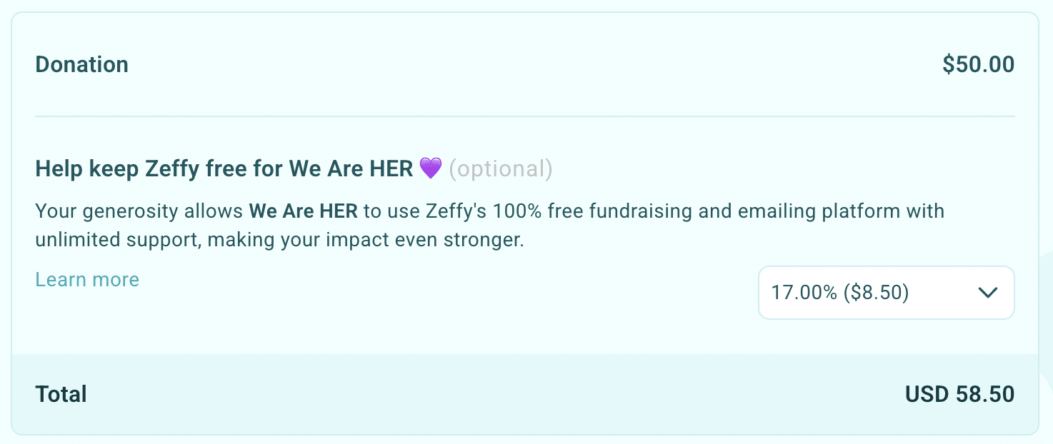 Screenshot of nonprofit's donation form showing Zeffy's high optional tip amount