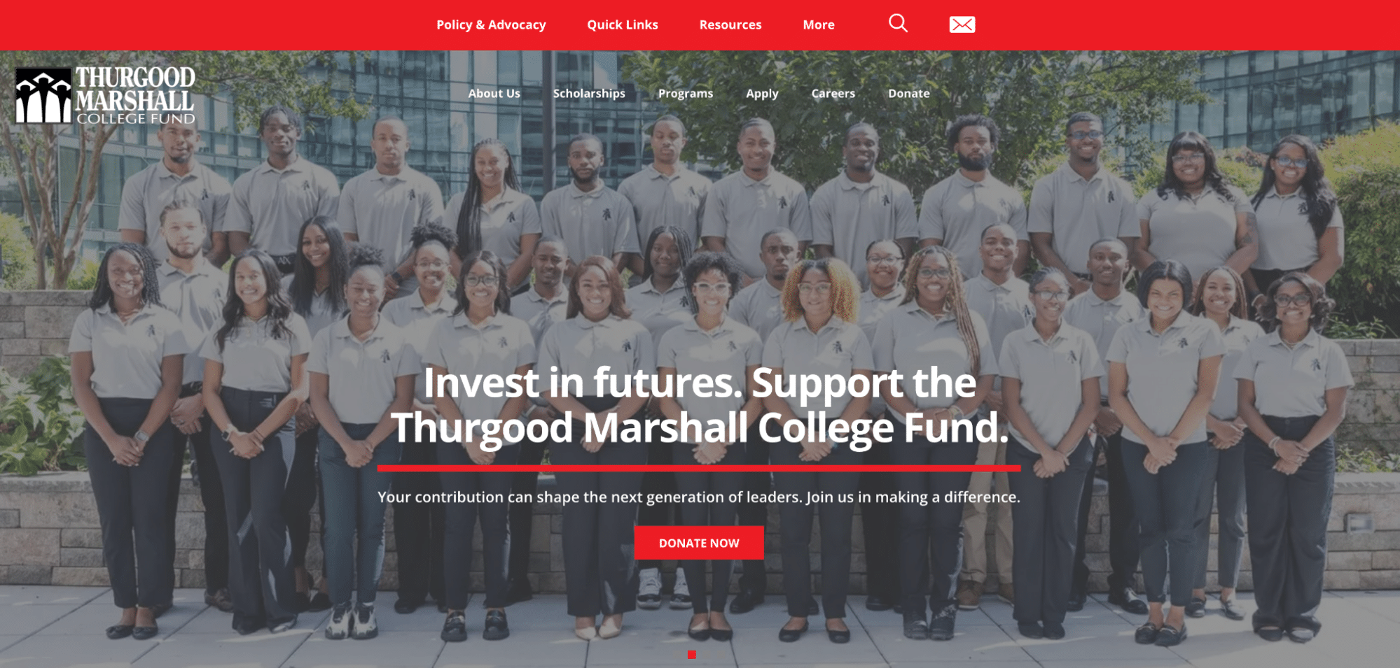 Screenshot of the Thurgood Marshall College Fund homepage.