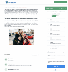 Screenshot of Heartland Hope's Donorbox-Powered Christmas Gift Donations Page