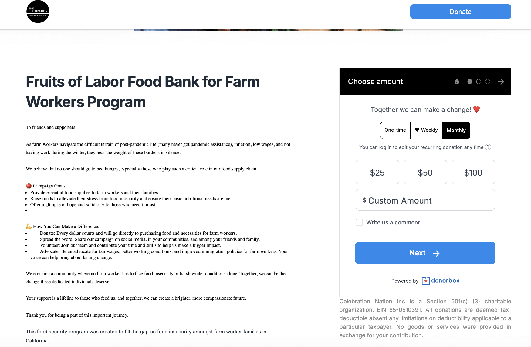 Screenshot of the Fruits of Labor Food Bank's donation page.
