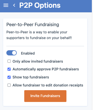 Screenshot showing the peer-to-peer options on Donorbox.