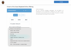 Screenshot of Church of the Good Shepherd's Donorbox offering page, with designations included