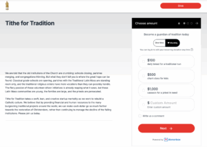 Screenshot of Tithe for Tradition's Donorbox-hosted donation page with tiered donation amounts