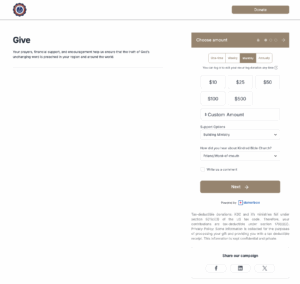 Screenshot of Kindred Bible Church's donation form
