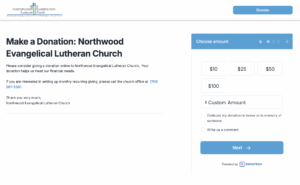 Screenshot of the Northwood Evangelical Lutheran Church's Donorbox donation page