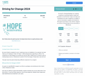 Screenshot of Hope in South Africa's Donorbox OmniGive Donation Form